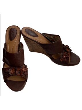 Fossil Cork Wedge Leather Flowers Slide shoes
